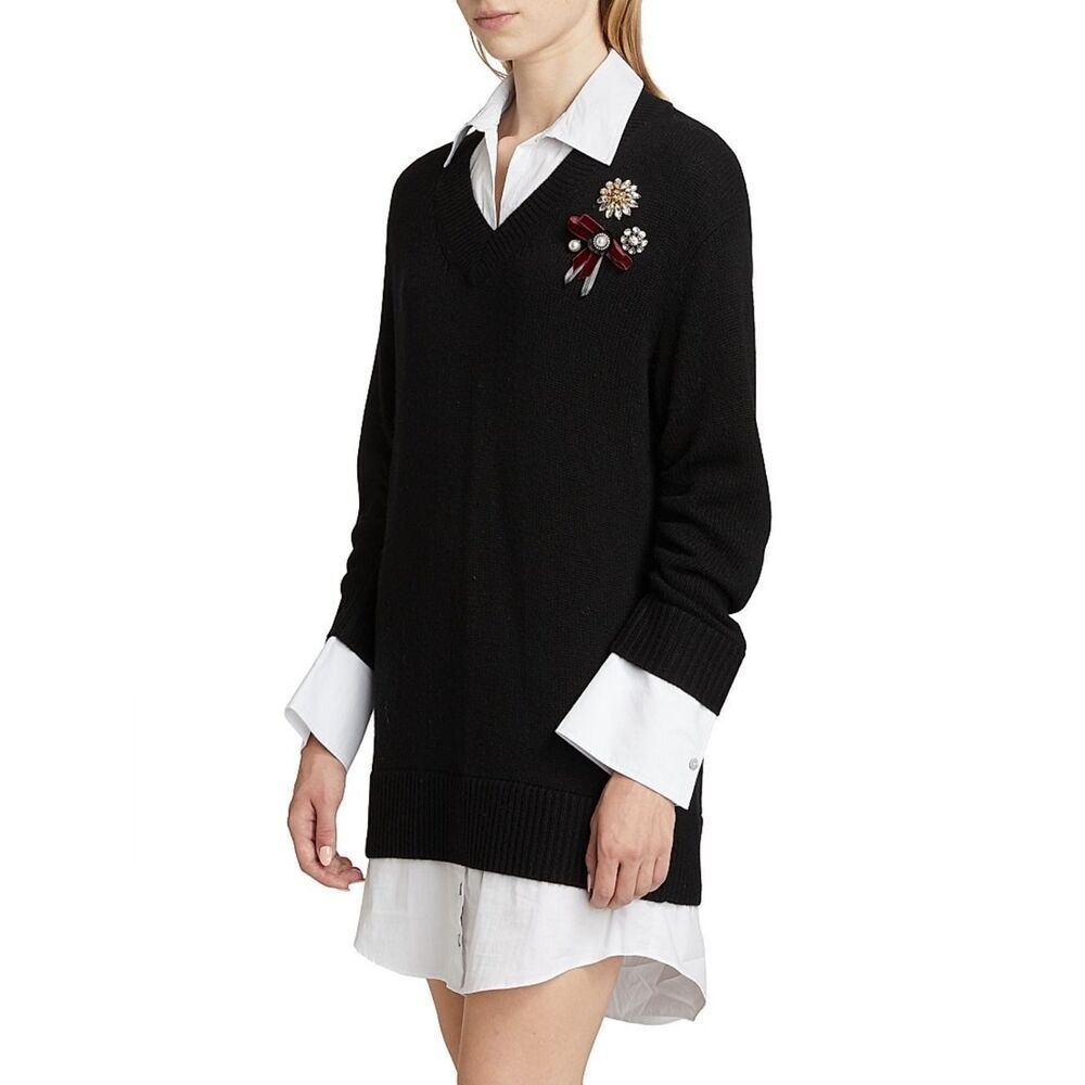 Cinq à Sept Santina Brooc V-Neck Sweater with Decorative Jewel Pins Size Small